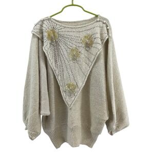 VTG Bonnie Boerer Company Cream Beaded Embellished Knit Sweater Women's